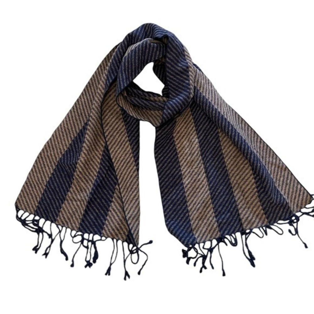 CLUB ROOM luxurious 100% SILK blue & tan chevron striped scarf w/ fringe